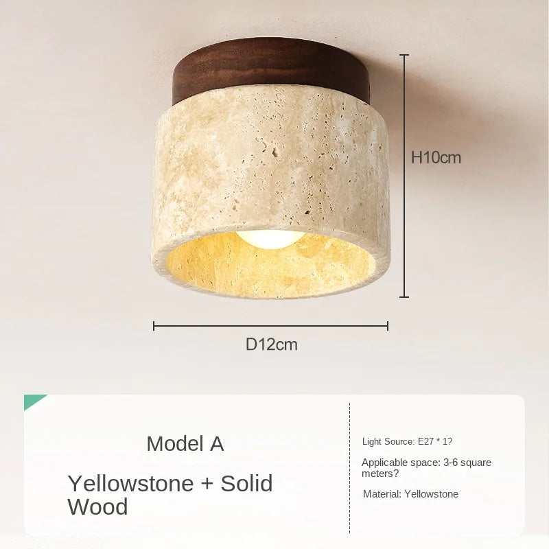Asuka Japandi Natural Stone Ceiling Light – Minimalist Travertine & Wood Flush Mount Downlight