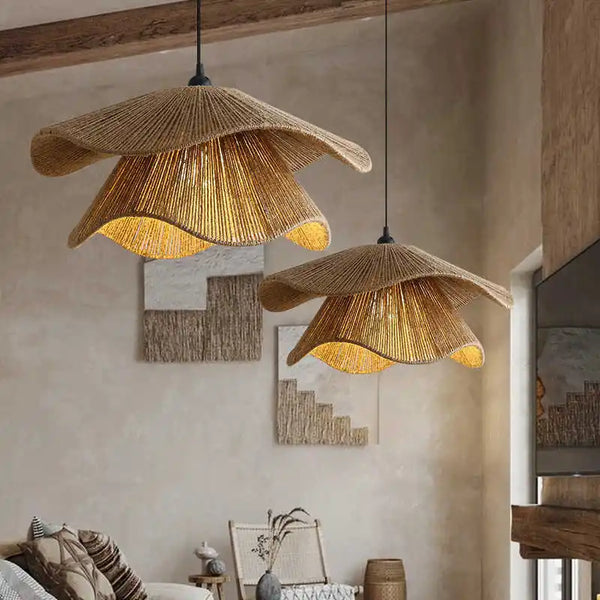 Sora Tiered Wabi-Sabi Rope Pendant – Organic Japanese-Style Wavy Woven Hemp Hanging Light