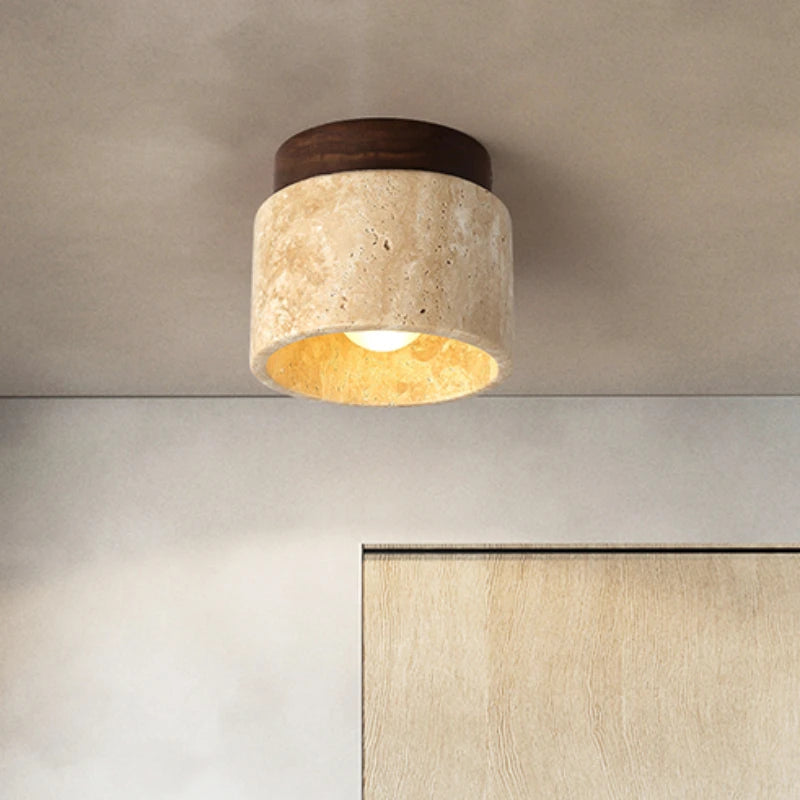 Asuka Japandi Natural Stone Ceiling Light – Minimalist Travertine & Wood Flush Mount Downlight