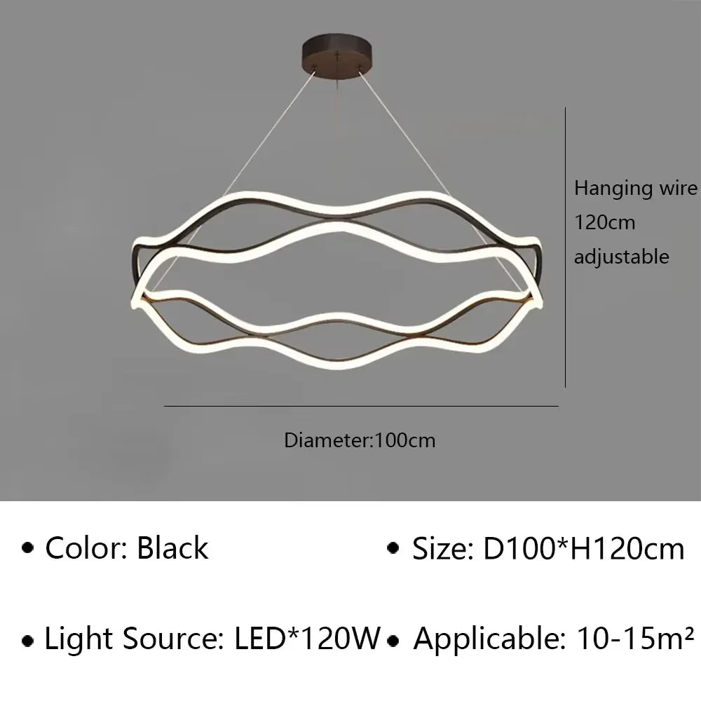 Aria Continuous Double-Wave Chandelier – Luxury Matte Black Ribbon LED Pendant Light