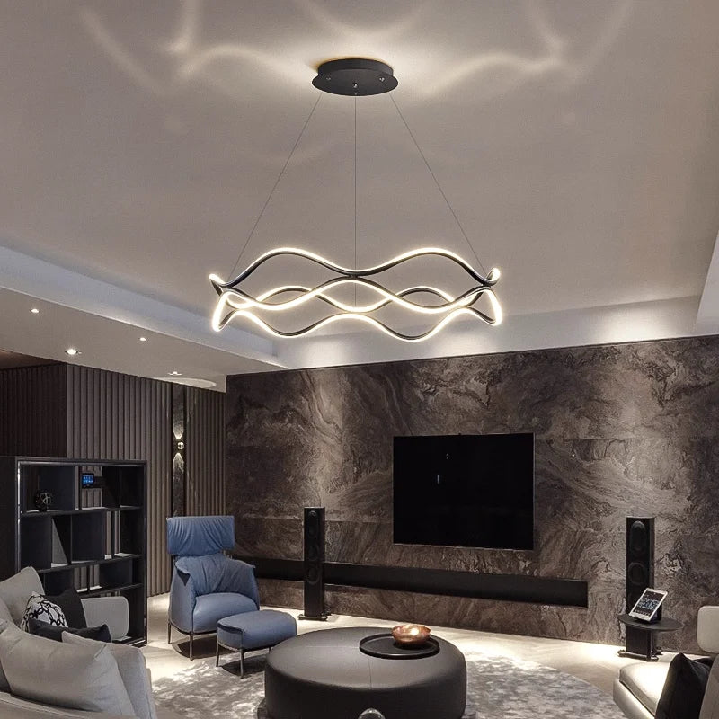 Aria Continuous Double-Wave Chandelier – Luxury Matte Black Ribbon LED Pendant Light