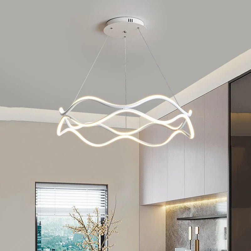 Aria Continuous Double-Wave Chandelier – Luxury Matte Black Ribbon LED Pendant Light