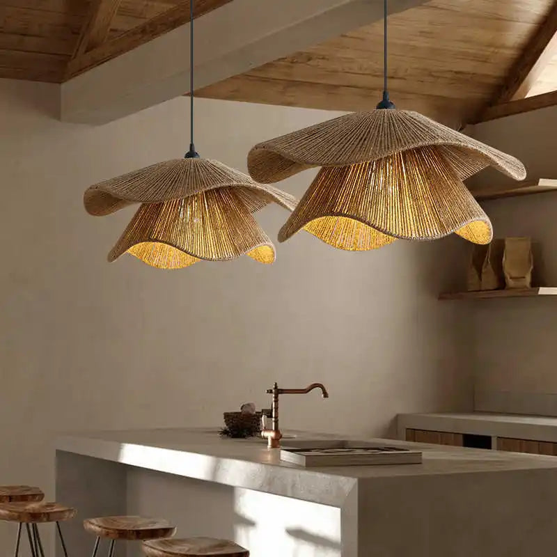 Sora Tiered Wabi-Sabi Rope Pendant – Organic Japanese-Style Wavy Woven Hemp Hanging Light