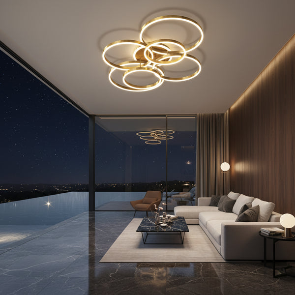Aurelia Interlocking Halo Chandelier – Modern Minimalist Multi-Ring LED Flush Mount Ceiling Light