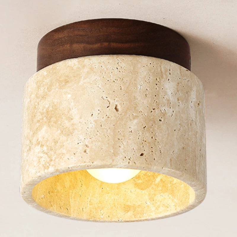 Asuka Japandi Natural Stone Ceiling Light – Minimalist Travertine & Wood Flush Mount Downlight