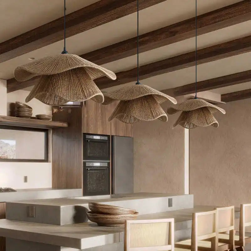 Sora Tiered Wabi-Sabi Rope Pendant – Organic Japanese-Style Wavy Woven Hemp Hanging Light