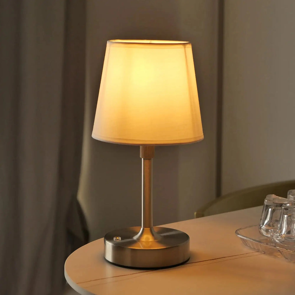 Wireless Cloth Lampshade Table Lamp, Rechargeable Touch Switch Desk Lamp, Replaceable E12 Bulb, 2700K Warm Light
