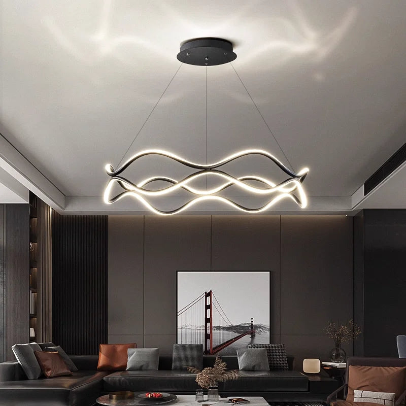 Aria Continuous Double-Wave Chandelier – Luxury Matte Black Ribbon LED Pendant Light