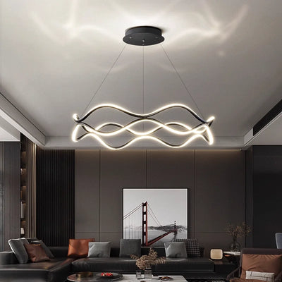 Aria Continuous Double-Wave Chandelier – Luxury Matte Black Ribbon LED Pendant Light