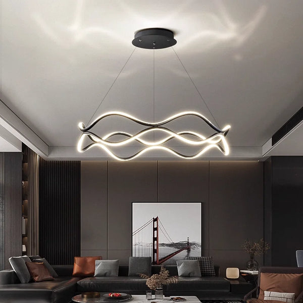 Aria Continuous Double-Wave Chandelier – Luxury Matte Black Ribbon LED Pendant Light