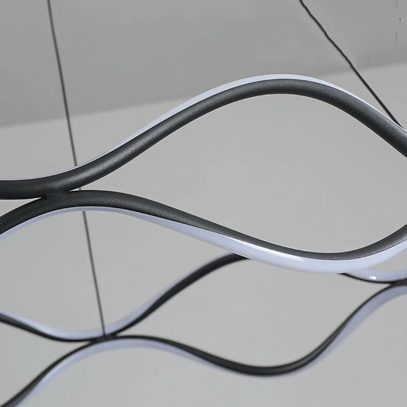 Aria Continuous Double-Wave Chandelier – Luxury Matte Black Ribbon LED Pendant Light