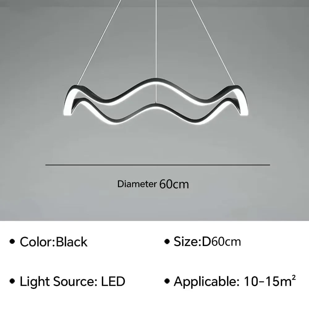 Aria Continuous Double-Wave Chandelier – Luxury Matte Black Ribbon LED Pendant Light