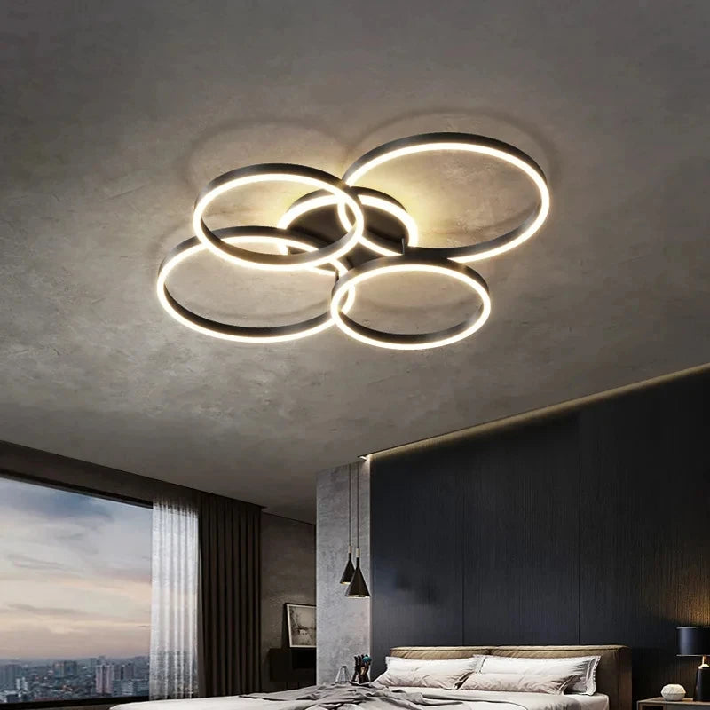 Aurelia Interlocking Halo Chandelier – Modern Minimalist Multi-Ring LED Flush Mount Ceiling Light
