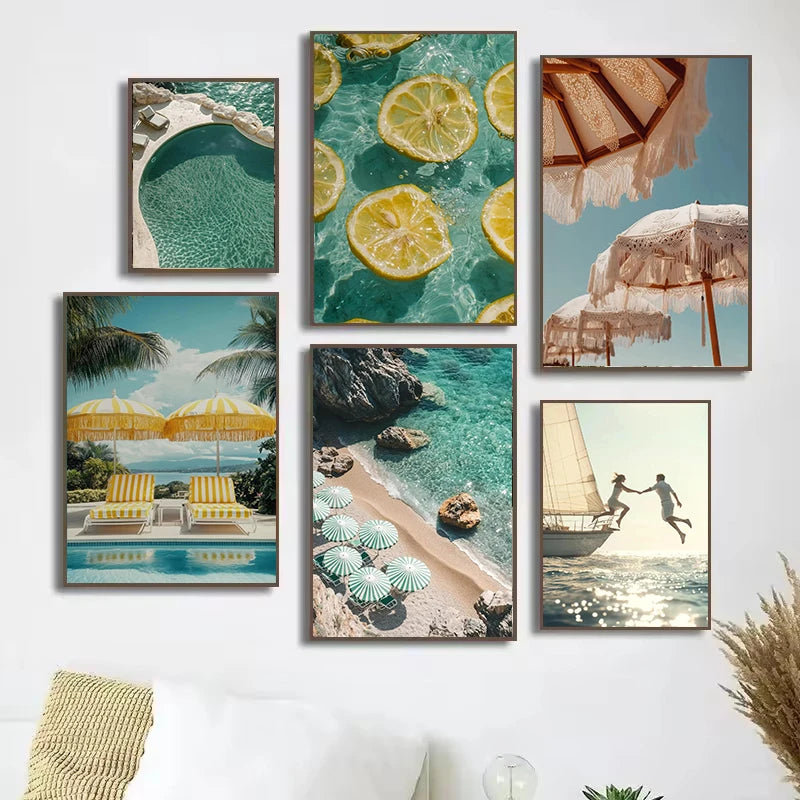 Italian Lemon Orange Seaside Beach Waves Scenery Swimming Pool Landscape Poster Canvas Painting Wall Art Pictures Home Decor