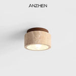 Asuka Japandi Natural Stone Ceiling Light – Minimalist Travertine & Wood Flush Mount Downlight
