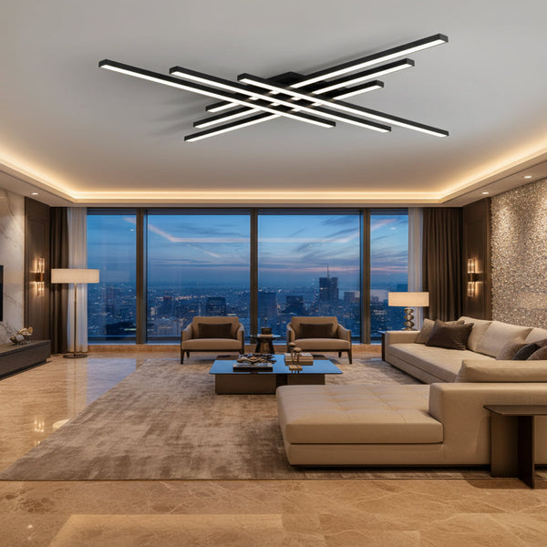Kage Multi-Tiered Square Chandelier – Modern Matte Black Geometric LED Ceiling Light