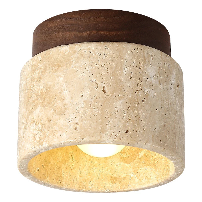 Asuka Japandi Natural Stone Ceiling Light – Minimalist Travertine & Wood Flush Mount Downlight
