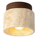 Asuka Japandi Natural Stone Ceiling Light – Minimalist Travertine & Wood Flush Mount Downlight