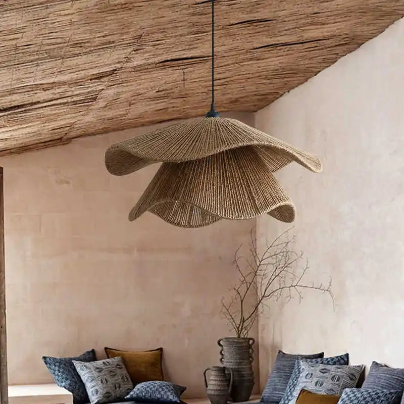 Sora Tiered Wabi-Sabi Rope Pendant – Organic Japanese-Style Wavy Woven Hemp Hanging Light