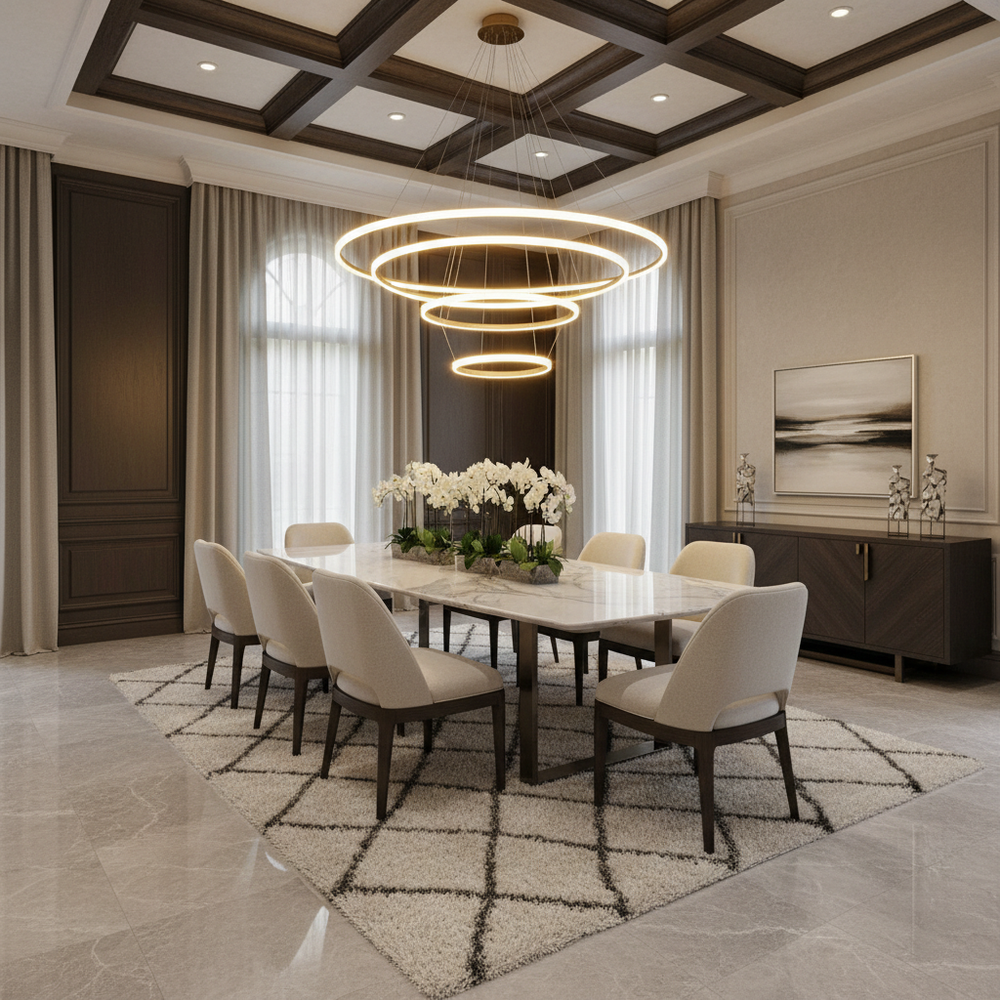 Aero Cascade 6-Ring Halo Chandelier above luxury dining table