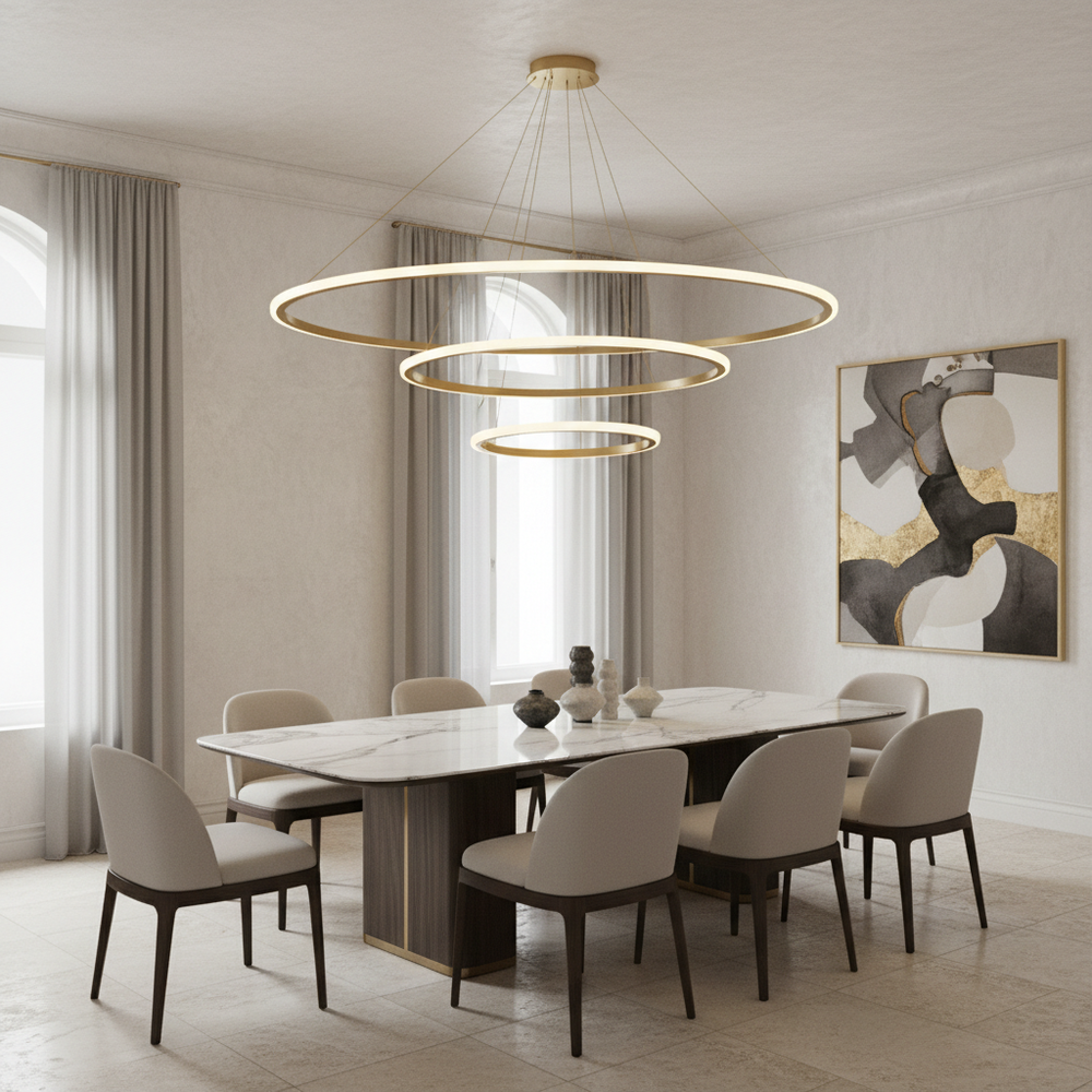 Aero Cascade Halo Chandelier above luxury marble dining table