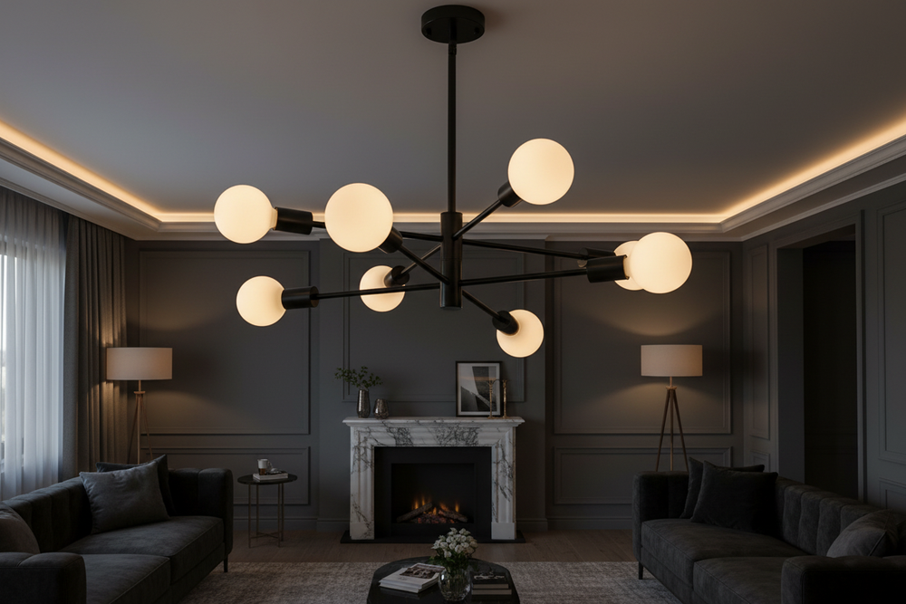 Helios Sputnik Chandelier - Black - Moody Living Room